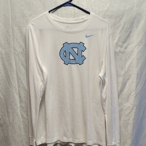 Nike Men's White Long Sleeve Shirt with Light Blue Emblem